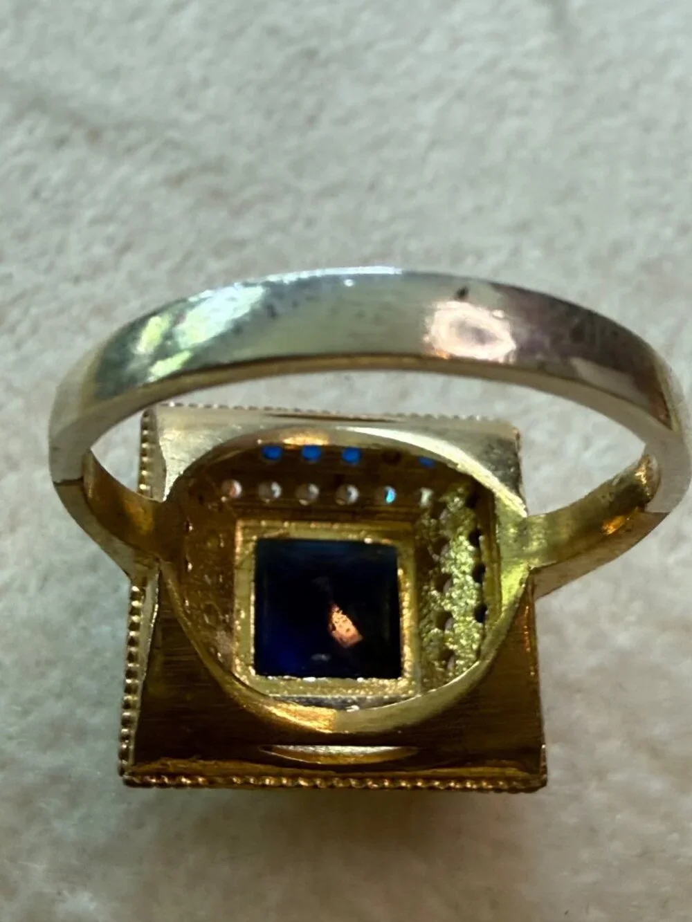 Vintage Square Blue Glass Gold-Tone Statement Ring Sterling Silver Band Size 8.9